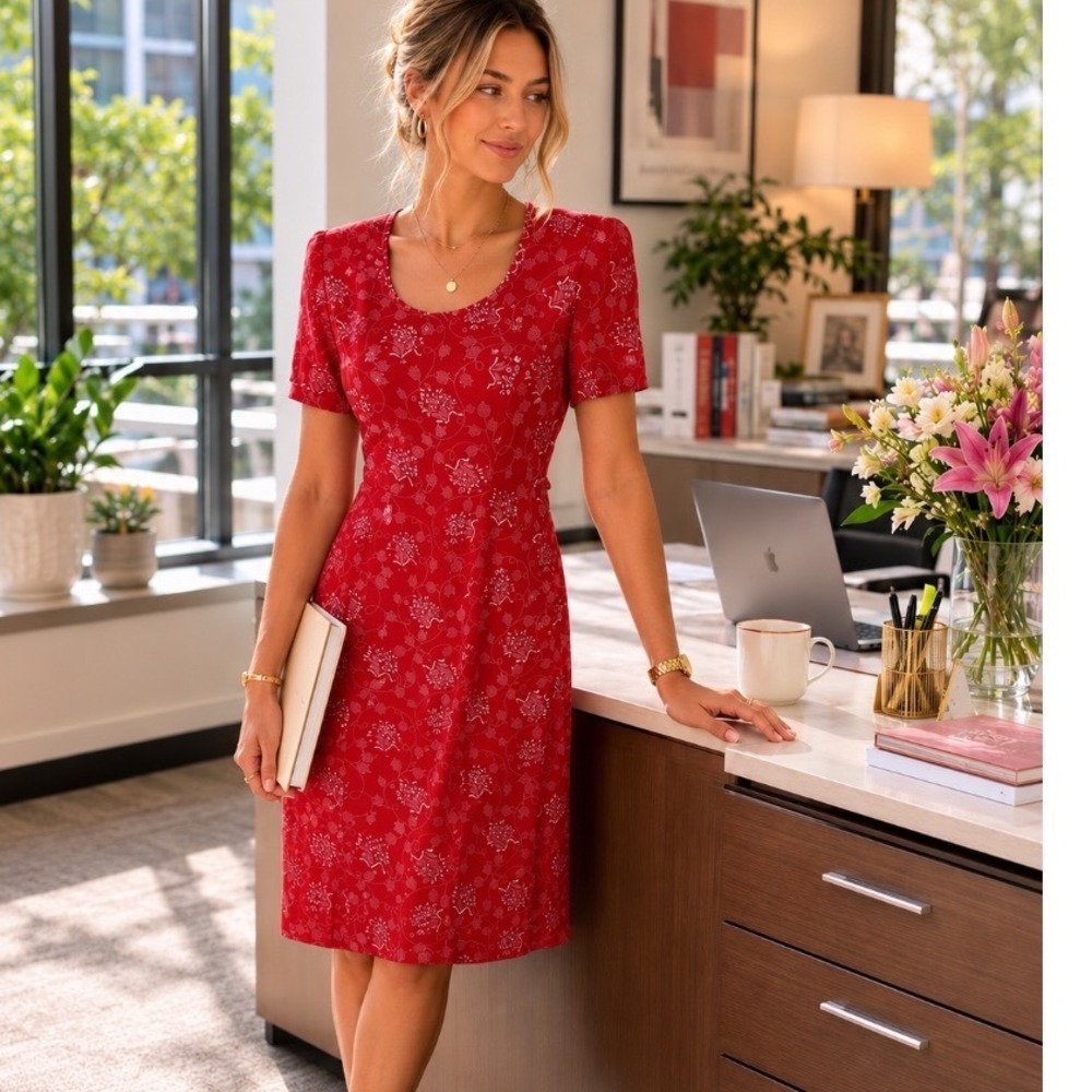 Y2k Kathie Lee Collection Vintage Red Floral Maxi Dress Short Sleeve vtg Sz 8